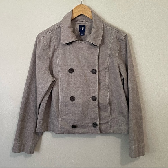 GAP Womens XL Cropped Jacket Heather Brown Double Breasted Button Front Pea Coat - Picture 1 of 10